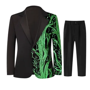 Boys black sequin branch pattern blazer and pants detail showing exquisite stitching work.