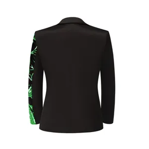 Boys black blazer jacket with green sequin branch sleeve, stylish and shiny party wear.