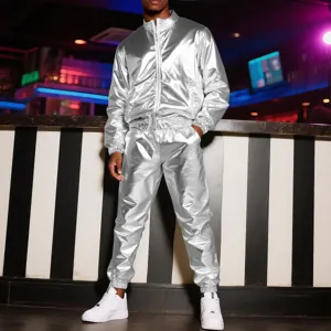 Men's metallic silver tracksuit jacket and pants set for stage party performance fashion wear.
