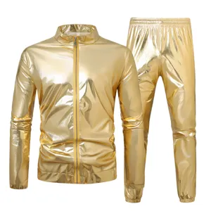 Men's shiny gold metallic tracksuit jacket and pants set for party stage performance.
