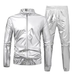 Silver metallic men tracksuit set with jacket and pants for cool stage party show
