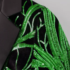 Boys green sequin velvet blazer detail close-up luxury stylish party jacket suit outfit.