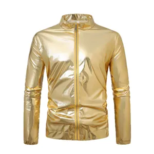 Men's metallic gold zip up jacket shiny stage performance party outerwear for men clothing