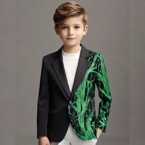 Boys suit jacket detail, green sequin branch pattern splicing, stylish luxury casual wear.