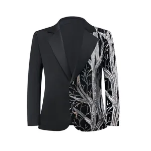 Boys sequin tree branch suit jacket, stylish asymmetrical black and silver party blazer.