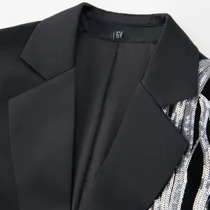 Boys black sequin blazer detail shot, elegant formal suit jacket for kids, stylish party wear.
