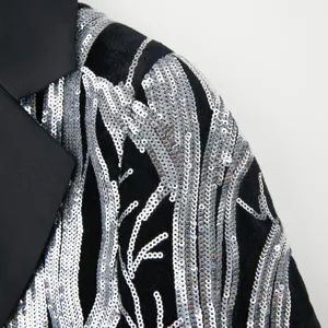 Boys black blazer jacket detail with stunning silver sequin branch embroidery and satin lapel.
