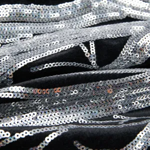 Close-up detail of black fabric with shiny silver sequin branch pattern embroidery texture.