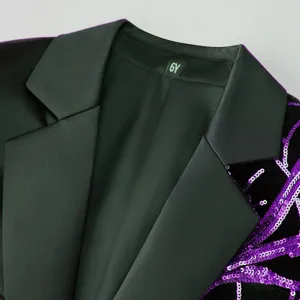 Boys black blazer jacket detail lapel purple sequin embroidery kids formal wear close up