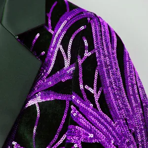 Boys sequin blazer detail close-up, black velvet with purple branch embroidery lapel.