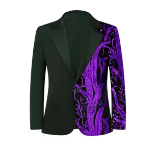Boys stylish sequin branch patch blazer jacket detail, unique purple and black design.