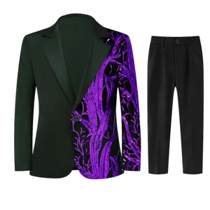 Detailed view of boys sequin blazer and trousers set, purple branch pattern design.