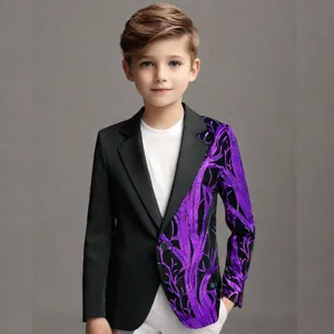 Boys sequin tree branch suit jacket and pants set, trendy casual luxury children clothing.