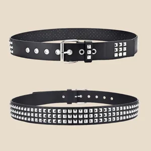 Punk style black leather belt featuring silver square pyramid studs and metal pin buckle.