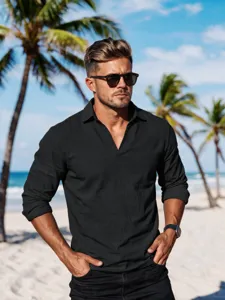 Men's solid color long sleeve Henley shirt V-neck casual beach top for men fashion apparel