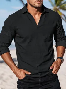 Men solid color long sleeve henley shirt, casual V-neck beach pullover top detail view.