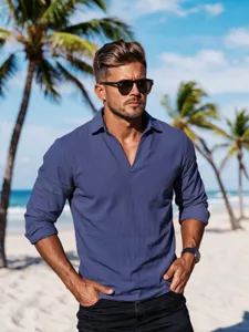 Men's solid color henley long sleeve V-neck pullover shirt for casual beach vacation