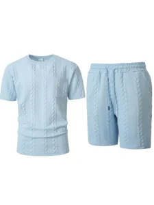Men light blue knit waffle short sleeve t-shirt and shorts casual two piece set summer