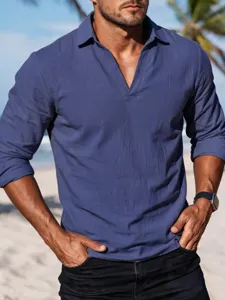 Men solid color henley collar long sleeve shirt casual beach holiday top fashion