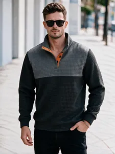 Ανδρικό πουλόβερ waffle colorblock με κομψά κουμπιά αντίθεσης, casual outdoor επάνω ένδυμα.