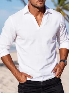 Men's solid color long sleeve Henley V-neck shirt, casual beach vacation pullover top.