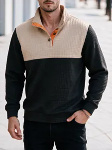 Ανδρικό φούτερ waffle color-block με κουμπιά, casual μακρυμάνικο τοπ λεπτομέρεια.