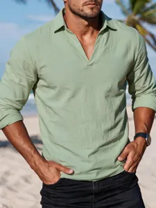 Men's solid color Henley long-sleeve V-neck casual shirt, lightweight beach vacation top.