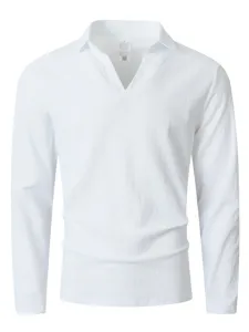 Men's solid color long sleeve Henley shirt casual V-neck pullover beach vacation top white color