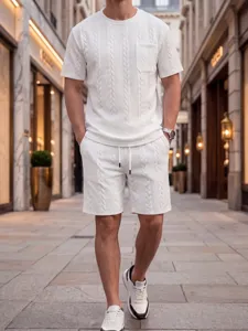 White knitted short-sleeve t-shirt and shorts set for men, casual summer outfit.