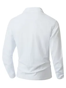 White long sleeve shirt detail back view, casual pullover design for men beach vacation.
