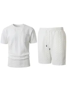 Men's summer casual knit waffle short sleeve t-shirt and shorts sportswear two piece set white