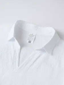 Men white linen blend long sleeve henley shirt casual beach holiday top detail view