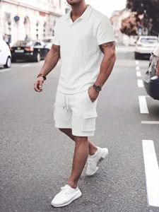 Men white knit short sleeve polo shirt and cargo shorts casual tracksuit set for summer.