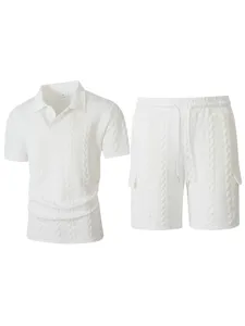 Detail shot of men casual knit jacquard short sleeve polo shirt and matching shorts set white.