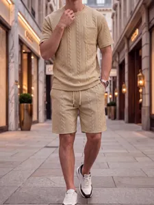 Men's casual knitted waffle short sleeve t-shirt and shorts set for summer fashion wear.