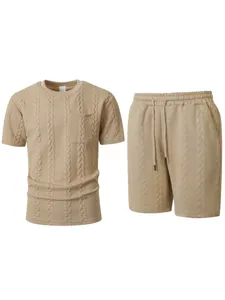Men's casual waffle knit short sleeve t-shirt and shorts set detail view, comfortable fabric.