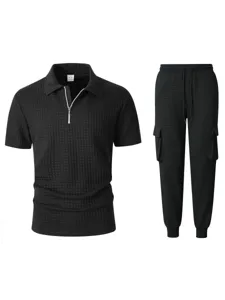 Men's waffle knit short sleeve zip polo shirt and cargo sweatpants tracksuit set black S