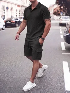 Men casual sports suit knit polo shirt jacquard shorts set summer streetwear outfit
