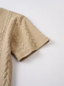 Khaki knit short sleeve t-shirt fabric detail showcasing premium waffle texture.