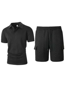 Men's black knitted polo shirt and cargo shorts detail shot, casual summer jacquard sportswear.