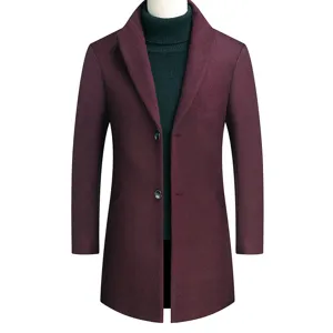 Men's slim fit wool blend trench coat in burgundy, perfect for autumn and winter casual wear.