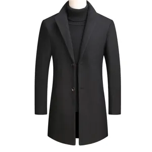 Men's slim fit wool blend mid-length trench coat winter lapel double breasted overcoat jacket