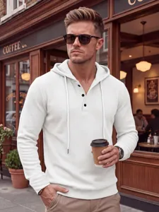 Ανδρικό λευκό φούτερ με κουκούλα waffle, casual μακρυμάνικο μπλουζάκι henley σε ρετρό στυλ καθημερινά.