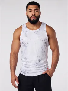 Detailed view of men's athletic tank top in white with grey marble print, sleeveless.
