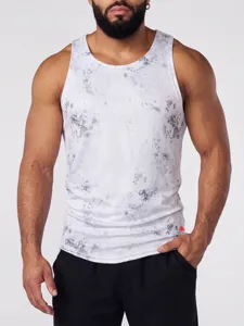 Detailed view of white marble print men training fitness tank top, sleeveless breathable design.