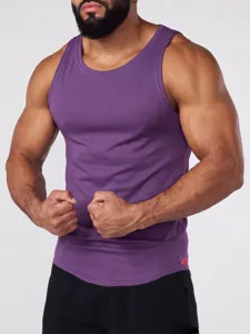 Close-up detail of men's purple fitness tank top, breathable sleeveless gym sportswear.
