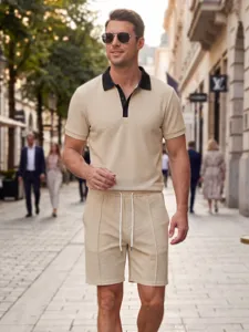 Men's waffle knit polo shirt and shorts set summer casual short sleeve two piece outfit