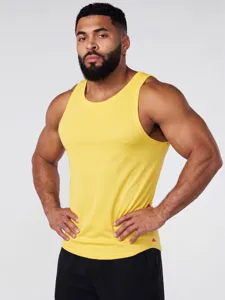 Men's solid color round neck sports tank top detail, breathable fitness running sleeveless vest.