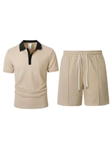 Men waffle knit short sleeve polo shirt and drawstring shorts set in khaki casual wear.