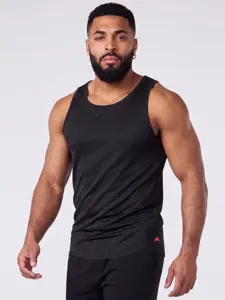 Men black solid round neck fitness tank top sleeveless athletic running workout training shirt